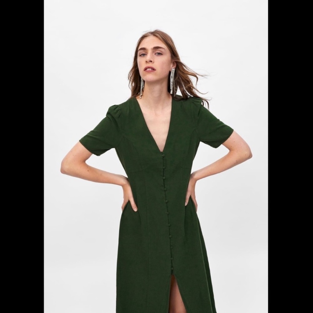 ZARA Linen Green Button Down Dress
